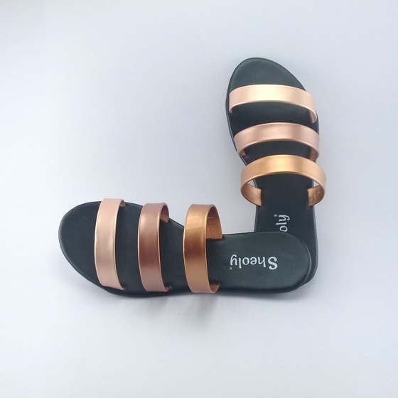 Sheoly Women Rose gold strappy & black insole slides sandals